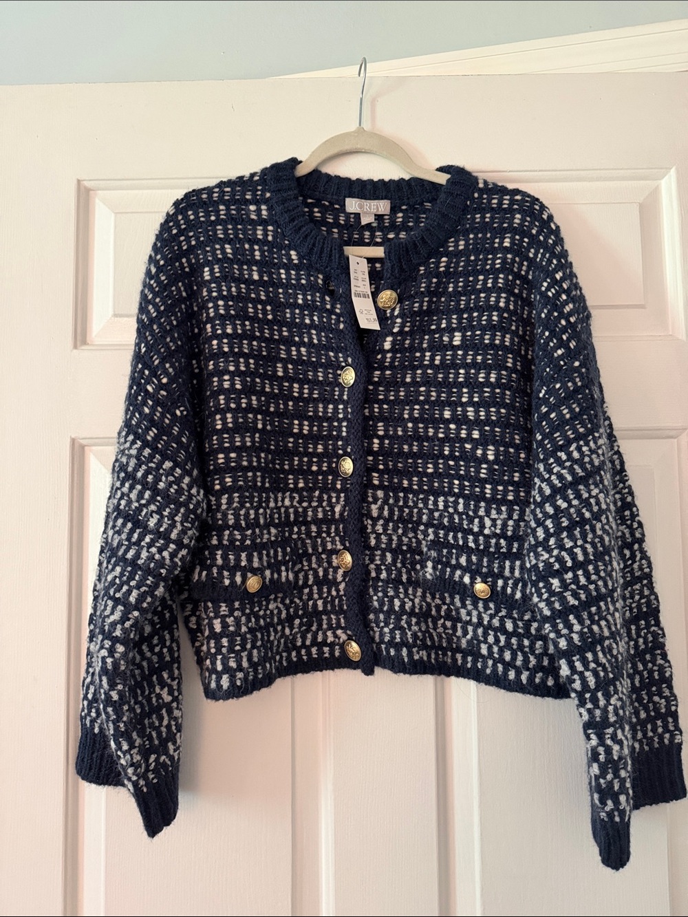 J. Crew Navy and White Textured Button-Up Cardigan with Gold Buttons